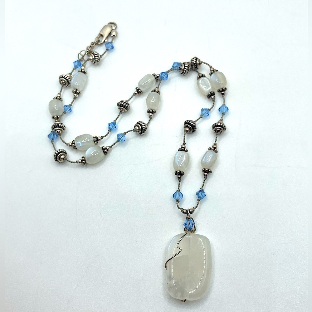Vtg Sterling Moontone & Blue Crystal Beaded Knotted Silk Cord 18” +1.3” Drop